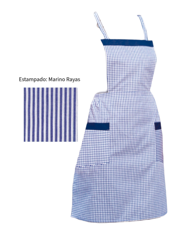 Delantal de rayas con peto y bolsillos. Detalle frontal. Color azul.
