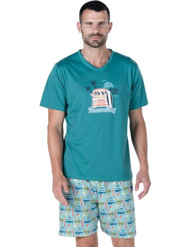Pijama corto de punto 100% algodón para hombre. Detalle frontal.