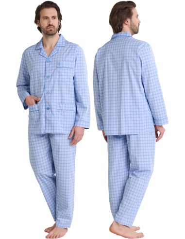 Pijama camisero de popelín 100% algodón para hombre. Detalle frontal.
