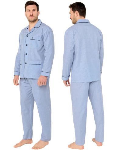 Pijama largo de tela para hombre. Detalle frontal.