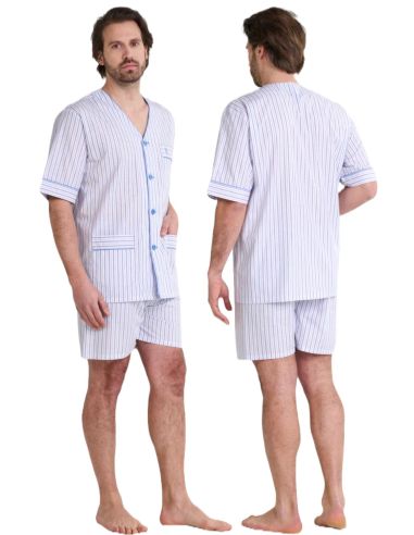 Pijama corto de popelín 100% algodón para hombre. Detalle frontal.