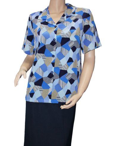 Camisa adaptada de verano para señora. Color azul geométrico.
