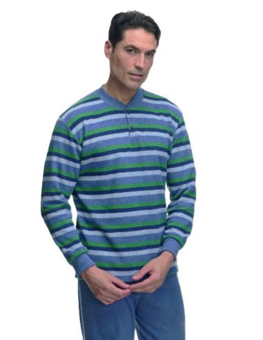 Pijama de invierno para hombre. Detalle frontal, color tejano.