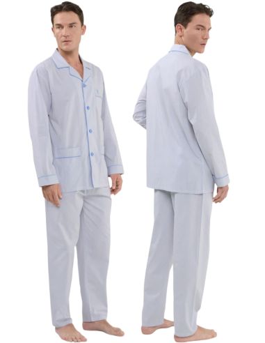 Pijama de tela en largo para hombre. Detalle frontal.