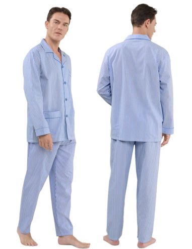 Pijama de tela en largo para hombre. Detalle frontal.