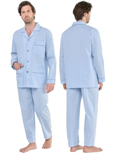 Pijama de tela en largo para hombre. Detalle frontal.