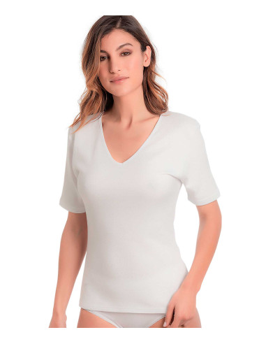 Camiseta interior manga larga doble capa algodón de mujer. Frontal.