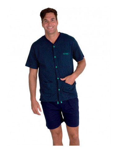 Pijama corto de punto para hombre marino con rayas verdes