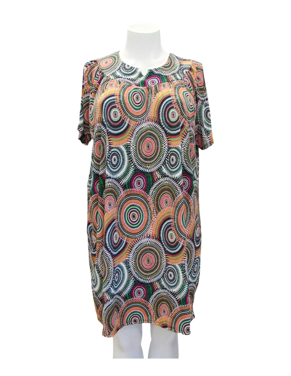 Vestido manga corta, círculos de colores| Confecciones Castillo Vestido manga corta, círculos de colores| Confecciones Castillo