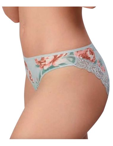 Braga bikini de algodón peinado elástico en color malva estampada con flores.