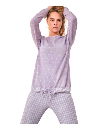 Pijama invierno mujer punto roma, lila con topos