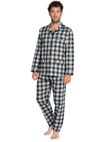 Pijama largo de viella a cuadros grises y azules para hombre. Frontal.