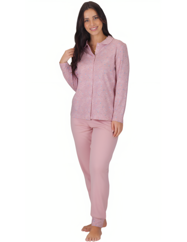 Pijama abierto de punto con interior perchado para mujer. Detalle frontal.