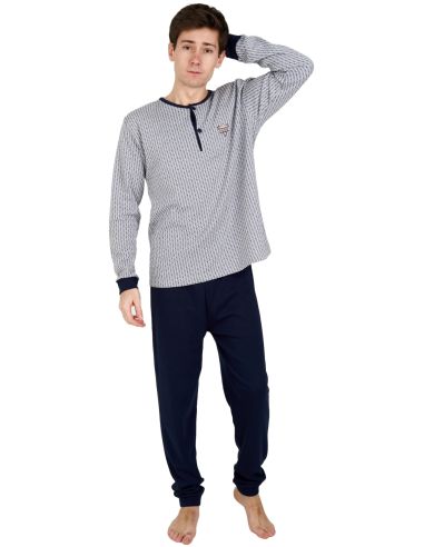 Pijama de punto invierno con interior perchado para hombre. Tono marino.