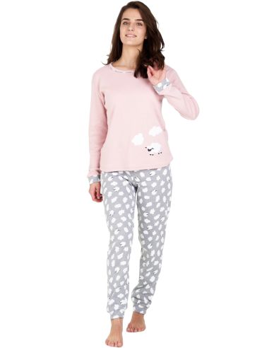 Pijama de punto invierno con interior perchado para mujer. Frontal.