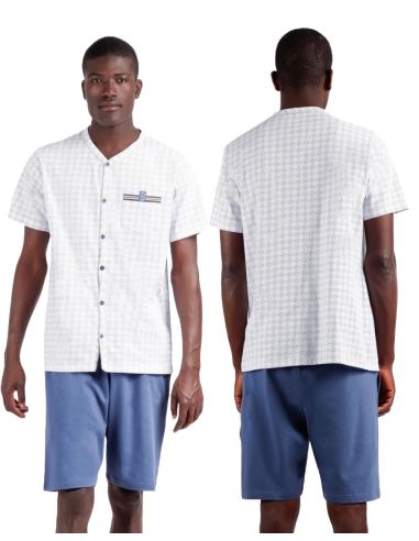 Pijama corto y abierto de verano para hombre. Detalle frontal y dorsal.