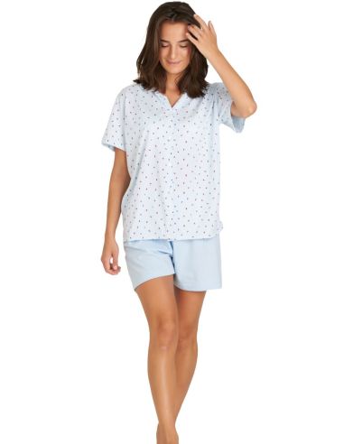 Pijama corto y abierto de punto fino para mujer. Detalle frontal.
