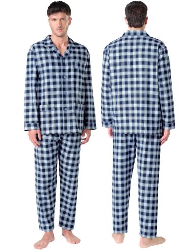 Pijama largo de franela a cuadros para hombre. Detalle frontal.