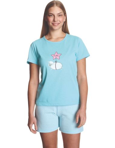 Pijama corto de punto fino para mujer. Detalle frontal.