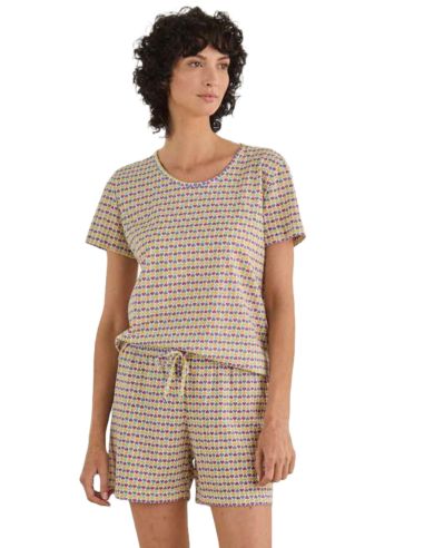 Pijama corto de punto fino para mujer. Detalle frontal.