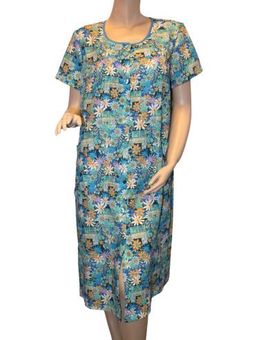 Vestido bambula manga corta estampado azules flores. Frontal
