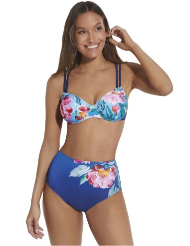 Bikini reductor para mujer estampado flores. Detalle frontal.