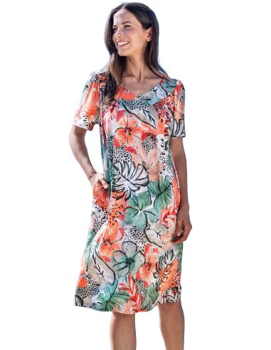 Vestido midi de verano para mujer. Detalle frontal.