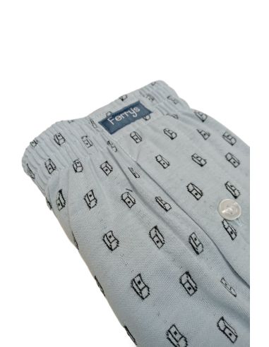 Calzoncillo bóxer algodón con apertura estampado. Frontal. Color gris cuadros.